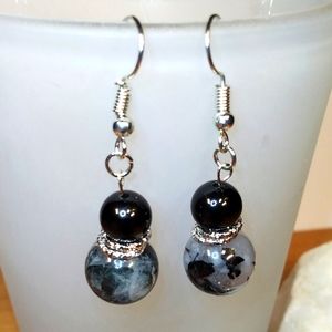 Black Agate and Tourmalinated Quartz earrings